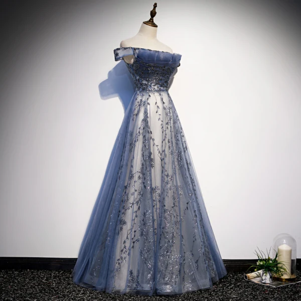 Modern / Fashion Ocean Blue Evening Dresses 2020 A-Line / Princess Off-The-Shoulder Sequins Short Sleeve Backless Floor-Length / Long Formal Dresses