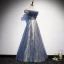 Modern / Fashion Ocean Blue Evening Dresses  2020 A-Line / Princess Off-The-Shoulder Sequins Short Sleeve Backless Floor-Length / Long Formal Dresses