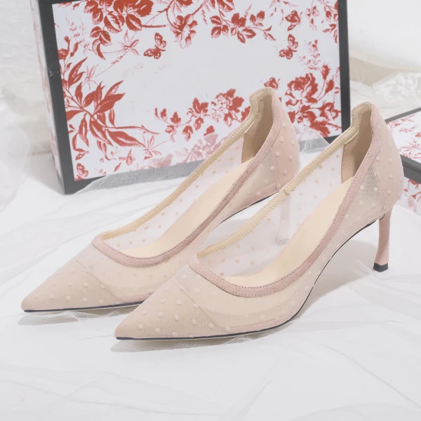 Elegant Blushing Pink Wedding Shoes 2019 Leather Spotted 7 cm Stiletto Heels Pointed Toe Wedding Pumps