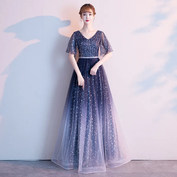 Modern / Fashion Navy Blue Starry Sky Evening Dresses  2019 A-Line / Princess V-Neck Star Sequins Short Sleeve Backless Floor-Length / Long Formal Dresses