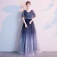 Modern / Fashion Navy Blue Starry Sky Evening Dresses  2019 A-Line / Princess V-Neck Star Sequins Short Sleeve Backless Floor-Length / Long Formal Dresses