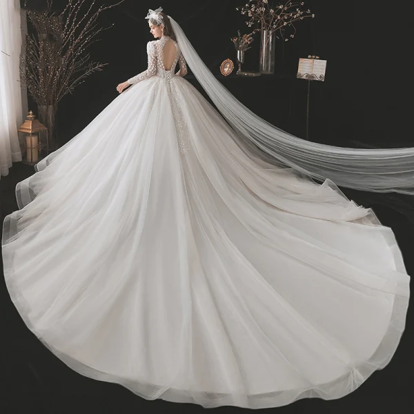 Chinese style Vintage / Retro Ivory Beading Wedding Dresses 2021 Ball Gown High Neck Pearl Sequins Long Sleeve Backless Royal Train Wedding