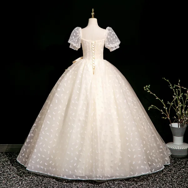 Elegant Champagne Printing Prom Dresses 2025 Ball Gown Square Neckline Bow Puffy Short Sleeve Backless Floor-Length / Long Prom Formal Dresses