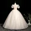 Elegant Champagne Printing Prom Dresses 2025 Ball Gown Square Neckline Bow Puffy Short Sleeve Backless Floor-Length / Long Prom Formal Dresses