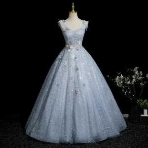 Charmant Bleu Ciel Perlage Paillettes Appliques Robe De Bal 2025 Robe Boule Encolure Carrée Sans Manches Dos Nu Longue Promo Robe De Ceremonie