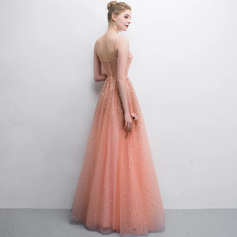 Chic Beautiful Orange Prom Dresses 2018 A Line Princess Sequins Spaghetti  Straps Backless Sleeveless Floor Length Long Formal Dresses