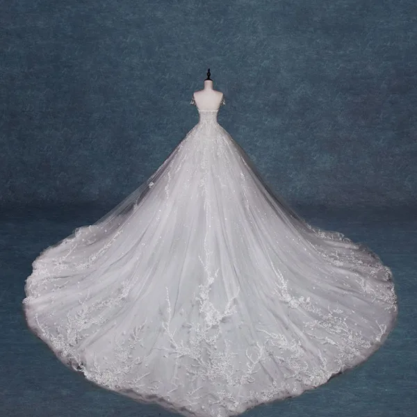 Charming Ivory Wedding Dresses 2019 A-Line / Princess Scoop Neck Beading Crystal Sequins Lace Flower Short Sleeve Backless Cathedral Train