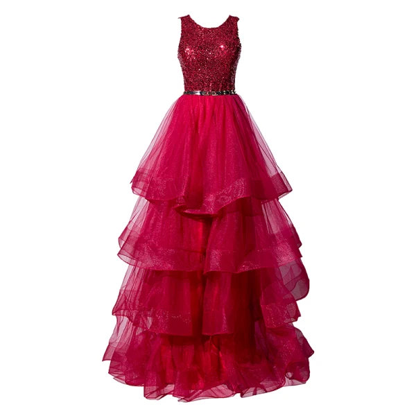 Charmant Bordeaux Robe De Soirée 2019 Princesse Encolure Dégagée Paillettes Ceinture Volants en Cascade Longue Robe De Ceremonie