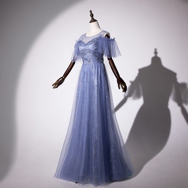 Modern / Fashion Ocean Blue Evening Dresses 2019 A-Line / Princess Scoop Neck Star Sequins Short Sleeve Backless Floor-Length / Long Formal Dresses