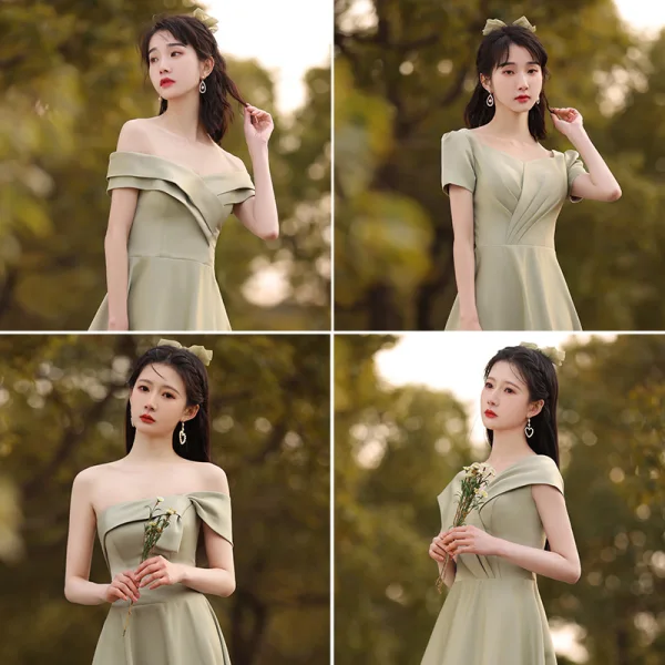 Modest / Simple Sage Green Bridesmaid Dresses 2021 A-Line / Princess Off-The-Shoulder Short Sleeve Backless Floor-Length / Long Wedding Party Dresses