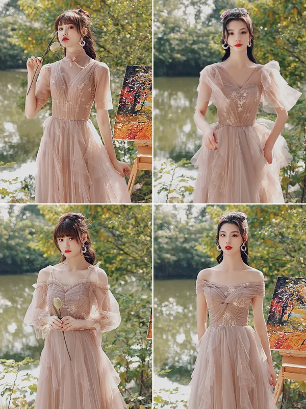 Modest / Simple Blushing Pink Wedding Party Dresses 2021 A-Line / Princess V-Neck Short Sleeve Backless Floor-Length / Long Bridesmaid Dresses