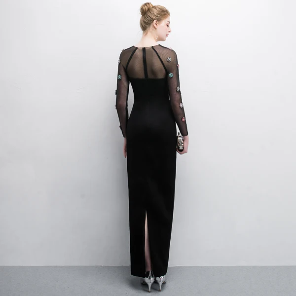Elegant Black Evening Dresses 2018 Trumpet / Mermaid Crystal Scoop Neck See-through Long Sleeve Ankle Length Formal Dresses