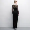 Elegant Black Evening Dresses  2018 Trumpet / Mermaid Crystal Scoop Neck See-through Long Sleeve Ankle Length Formal Dresses