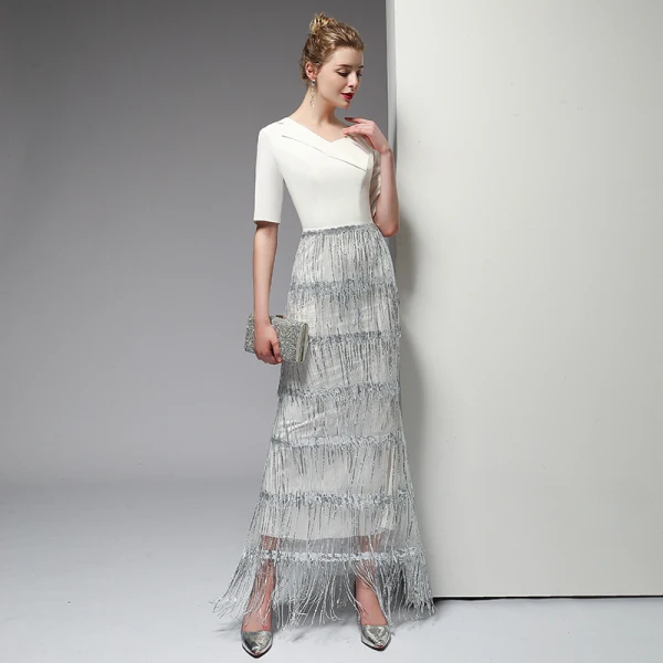 Sexy Ivory / Creme Abendkleider 2020 Meerjungfrau One-Shoulder Pailletten Perlenstickerei Quaste 1/2 Ärmel Rückenfreies Lange Festliche Kleider