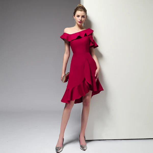 Chic / Beautiful Burgundy Graduation Dresses 2020 Homecoming Trumpet / Mermaid One-Shoulder Short Sleeve Zipper Up at Side Knee-Length Formal Dresses