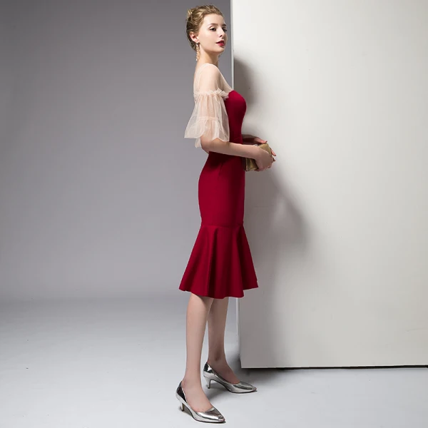 Chic / Beautiful Red Homecoming Graduation Dresses 2020 Trumpet / Mermaid Short Sleeve V-Neck Backless Knee-Length Formal Dresses
