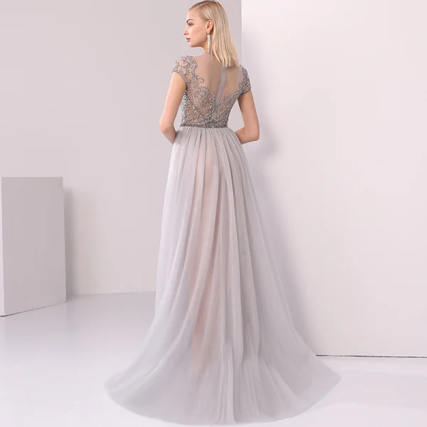 High-end Champagne Grey Evening Dresses 2020 A-Line / Princess Scoop Neck Handmade Beading Crystal Rhinestone Short Sleeve Floor-Length / Long Formal Dresses