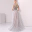High-end Champagne Grey Evening Dresses  2020 A-Line / Princess Scoop Neck Handmade  Beading Crystal Rhinestone Short Sleeve Floor-Length / Long Formal Dresses