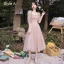Modest / Simple Blushing Pink Bridesmaid Dresses 2021 A-Line / Princess V-Neck Short Sleeve Backless Tea-length Wedding Party Dresses