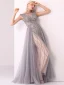 Luxury / Gorgeous Champagne Grey Handmade  Beading Evening Dresses  2020 A-Line / Princess Scoop Neck Crystal Pearl Rhinestone Sleeveless Floor-Length / Long Formal Dresses