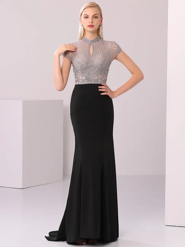 High-end Black Evening Dresses  2020 Trumpet / Mermaid Scoop Neck Handmade  Beading Crystal Rhinestone Short Sleeve Floor-Length / Long Formal Dresses