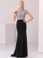 High-end Black Evening Dresses  2020 Trumpet / Mermaid Scoop Neck Handmade  Beading Crystal Rhinestone Short Sleeve Floor-Length / Long Formal Dresses