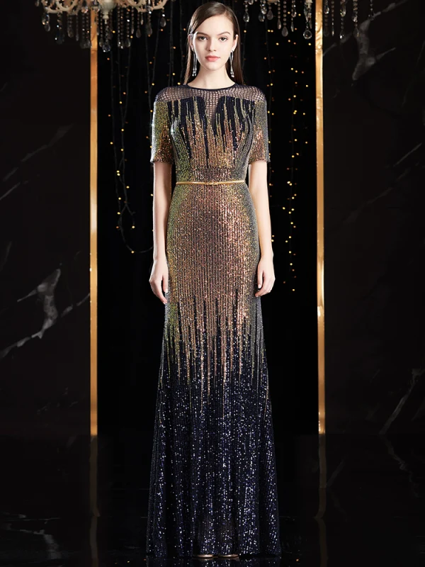 Charmant Multi-Couleurs Robe De Soirée 2020 Trompette / Sirène Encolure Dégagée Fait main Perlage Cristal Paillettes Manches Courtes Longue Robe De Ceremonie