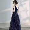 Elegant Royal Blue Prom Dresses 2020 A-Line / Princess Suede V-Neck Sequins Sleeveless Backless Floor-Length / Long Formal Dresses