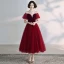 Chic / Beautiful Burgundy Prom Dresses 2019 A-Line / Princess Suede Scoop Neck Short Sleeve Backless Tea-length Formal Dresses