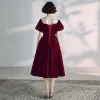 Chic / Beautiful Burgundy Homecoming Graduation Dresses 2020 A-Line / Princess Scoop Neck Suede Short Sleeve Backless Formal Dresses