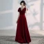 Elegantes Borgoña Vestidos de noche 2020 A-Line / Princess Cuello Alto Rebordear Rhinestone Suede Manga Corta Sin Espalda Largos Vestidos Formales