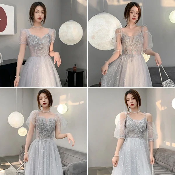 Fashion Grey Bridesmaid Dresses 2021 A-Line / Princess Square Neckline Beading Sequins Lace Flower Short Sleeve Backless Floor-Length / Long Wedding Party Dresses
