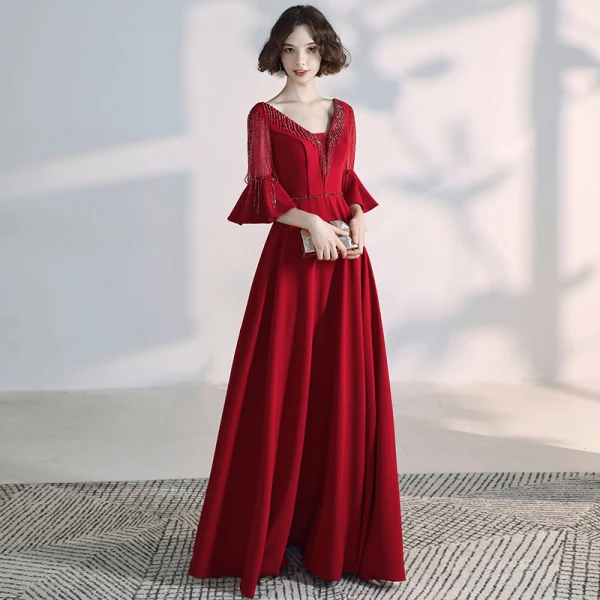 Elegant Burgundy Evening Dresses 2020 A-Line / Princess V-Neck Beading Crystal Tassel Bell sleeves Backless Floor-Length / Long Formal Dresses