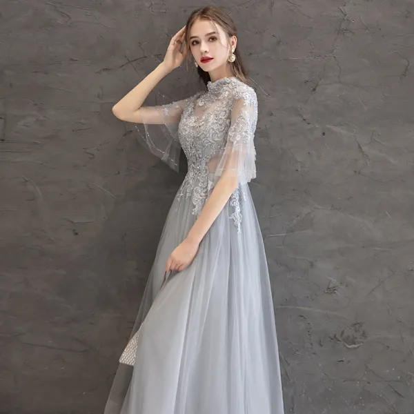 Elegant Grey Evening Dresses 2019 A-Line / Princess High Neck Beading ...
