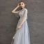 Elegant Grey Evening Dresses  2019 A-Line / Princess High Neck Beading Crystal Lace Flower 1/2 Sleeves Backless Floor-Length / Long Formal Dresses
