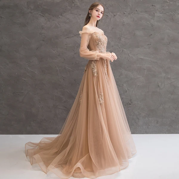 Charming Gold Evening Dresses 2020 A-Line / Princess Off-The-Shoulder Beading Appliques Lace Flower Crystal Pearl Long Sleeve Backless Floor-Length / Long Formal Dresses