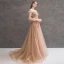 Charming Gold Evening Dresses  2020 A-Line / Princess Off-The-Shoulder Beading Appliques Lace Flower Crystal Pearl Long Sleeve Backless Floor-Length / Long Formal Dresses