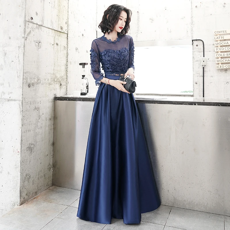 fitted lace wedding dress Two Piece Lace Top Long Sleeves Homecoming Dresses, Short Prom Dress, MH531