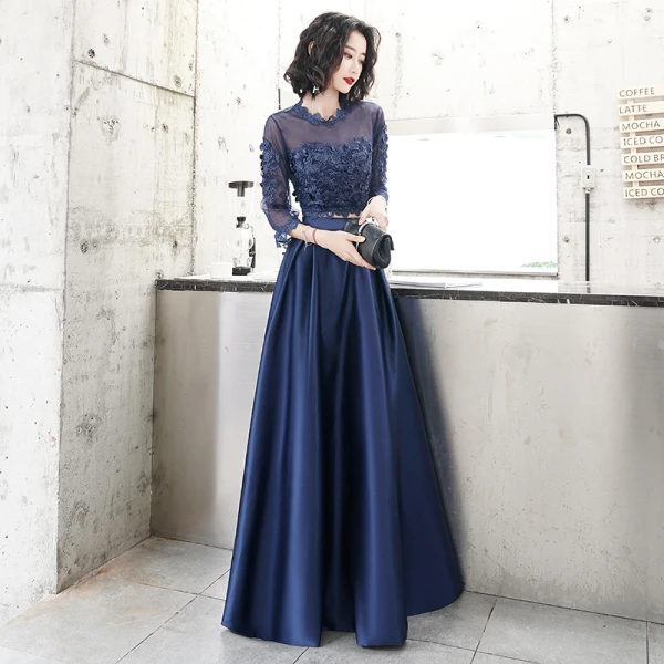 Elegante 2 Stück Marineblau Abendkleider 2020 A Linie Rundhalsausschnitt Perle Spitze Blumen 3/4 Ärmel Lange Festliche Kleider