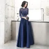 Elegant 2 Piece Navy Blue Evening Dresses  2020 A-Line / Princess Scoop Neck Pearl Lace Flower 3/4 Sleeve Floor-Length / Long Formal Dresses