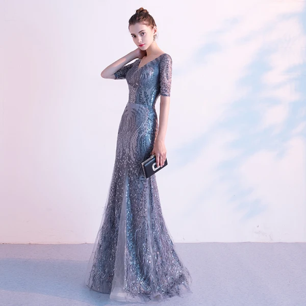 Charmant Gris Robe De Soirée 2020 Trompette / Sirène V-Cou Paillettes 1/2 Manches Dos Nu Longue Robe De Ceremonie