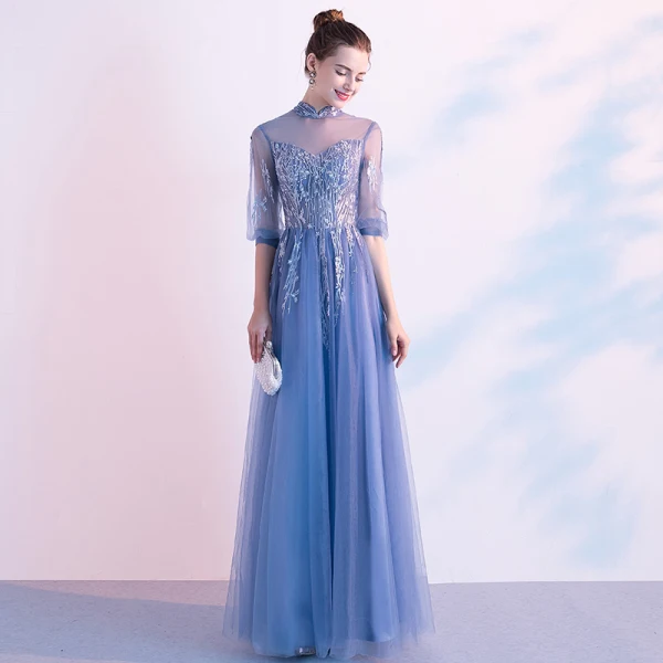 Chic / Beautiful Ocean Blue Evening Dresses 2020 A-Line / Princess High Neck Rhinestone Lace Flower 1/2 Sleeves Backless Floor-Length / Long Formal Dresses