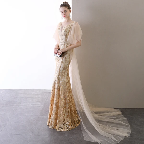 Charmant Champagne Robe De Soirée 2020 Trompette / Sirène V-Cou En Dentelle Faux Diamant Manches Courtes Dos Nu Train De Balayage Robe De Ceremonie