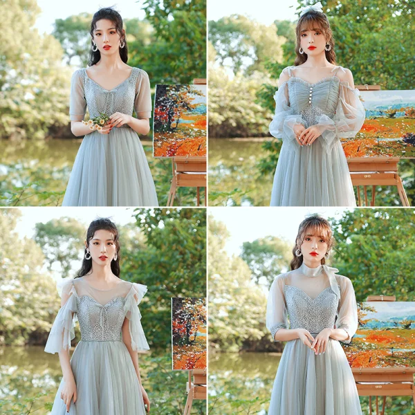 Modest / Simple Sage Green Ruffle Bridesmaid Dresses 2021 A-Line / Princess V-Neck Short Sleeve Backless Floor-Length / Long Wedding Party Dresses