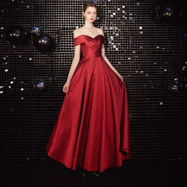 Chic / Beautiful Red Evening Dresses 2020 A-Line / Princess Off-The-Shoulder Sleeveless Backless Floor-Length / Long Formal Dresses