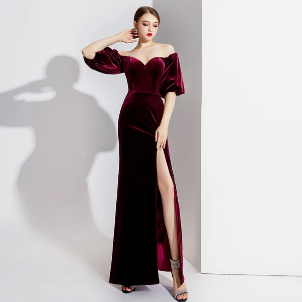 Elegant Burgundy Evening Dresses  2020 Trumpet / Mermaid Suede Off-The-Shoulder Short Sleeve Split Front Floor-Length / Long Formal Dresses