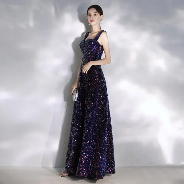 Sparkly Purple Starry Sky Evening Dresses  2020 A-Line / Princess Square Neckline Beading Sequins Sleeveless Backless Floor-Length / Long Formal Dresses