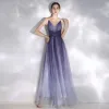 Charming Gradient-Color Purple Evening Dresses  2020 A-Line / Princess Spaghetti Straps Sequins Sleeveless Backless Floor-Length / Long Formal Dresses