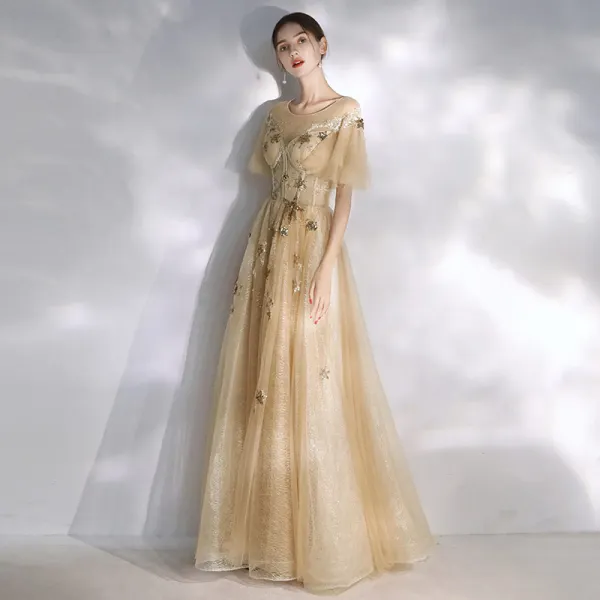 Modern / Fashion Champagne Evening Dresses  2020 A-Line / Princess Scoop Neck Star Lace Sequins Short Sleeve Backless Floor-Length / Long Formal Dresses
