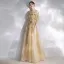 Modern / Fashion Champagne Evening Dresses  2020 A-Line / Princess Scoop Neck Star Lace Sequins Short Sleeve Backless Floor-Length / Long Formal Dresses